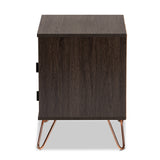 Glover Modern and Contemporary Dark Brown Finished Wood and Rose Gold-Tone Finished Metal 2-Drawer Nightstand