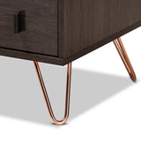 Glover Modern and Contemporary Dark Brown Finished Wood and Rose Gold-Tone Finished Metal 2-Drawer Nightstand