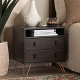 Glover Modern and Contemporary Dark Brown Finished Wood and Rose Gold-Tone Finished Metal 2-Drawer Nightstand