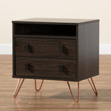 Glover Modern and Contemporary Dark Brown Finished Wood and Rose Gold-Tone Finished Metal 2-Drawer Nightstand