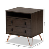 Glover Modern and Contemporary Dark Brown Finished Wood and Rose Gold-Tone Finished Metal 2-Drawer Nightstand