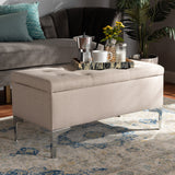 Baxton Studio Mabel Modern and Contemporary Transitional Beige Fabric Upholstered and Silver Finished Metal Storage Ottoman