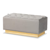 Baxton Studio Powell Glam and Luxe Grey Velvet Fabric Upholstered and Gold PU Leather Storage Ottoman