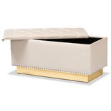 Baxton Studio Powell Glam and Luxe Beige Velvet Fabric Upholstered and Gold PU Leather Storage Ottoman