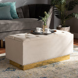 Baxton Studio Powell Glam and Luxe Beige Velvet Fabric Upholstered and Gold PU Leather Storage Ottoman