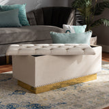 Baxton Studio Powell Glam and Luxe Beige Velvet Fabric Upholstered and Gold PU Leather Storage Ottoman