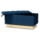 Baxton Studio Powell Glam and Luxe Navy Blue Velvet Fabric Upholstered and Gold PU Leather Storage Ottoman