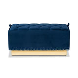 Baxton Studio Powell Glam and Luxe Navy Blue Velvet Fabric Upholstered and Gold PU Leather Storage Ottoman