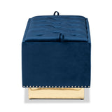 Baxton Studio Powell Glam and Luxe Navy Blue Velvet Fabric Upholstered and Gold PU Leather Storage Ottoman