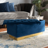 Baxton Studio Powell Glam and Luxe Navy Blue Velvet Fabric Upholstered and Gold PU Leather Storage Ottoman