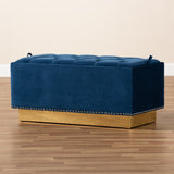 Baxton Studio Powell Glam and Luxe Navy Blue Velvet Fabric Upholstered and Gold PU Leather Storage Ottoman