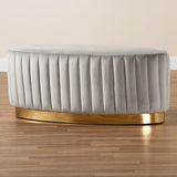 Baxton Studio Kirana Glam and Luxe Grey Velvet Fabric Upholstered and Gold PU Leather Ottoman