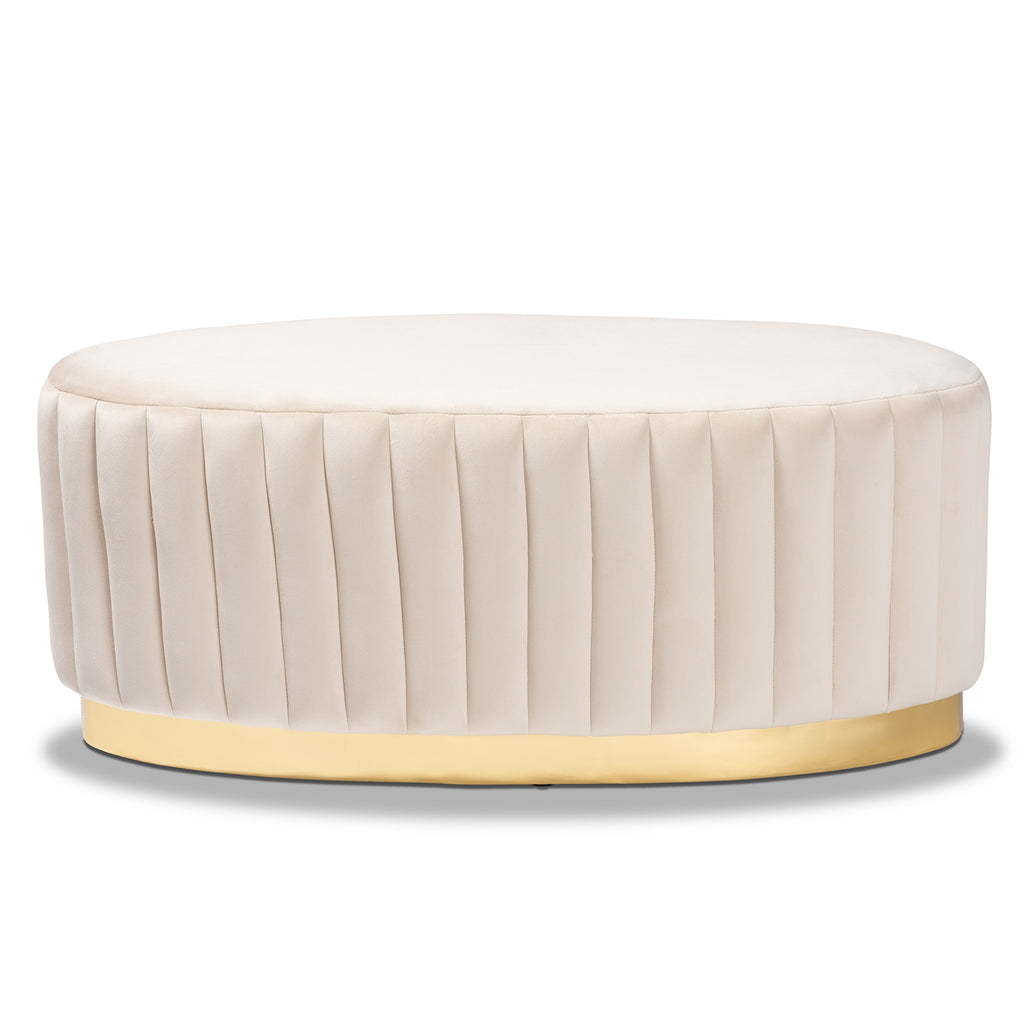Baxton Studio Kirana Glam and Luxe Beige Velvet Fabric Upholstered and Gold PU Leather Ottoman