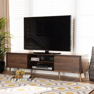 Landen Mid-Century Modern Walnut Brown and Gold Finished Wood TV Stand