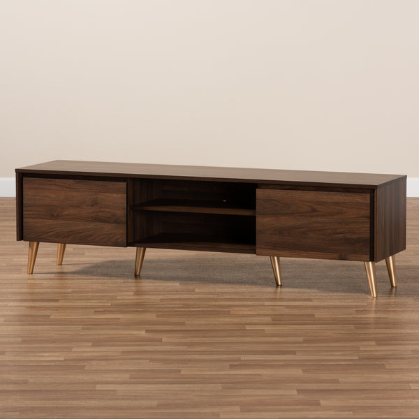 Landen Mid-Century Modern Walnut Brown and Gold Finished Wood TV Stand