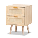 Baird Mid-Century Modern Light Oak Brown Finished Wood and Rattan 2-Drawer Nightstand