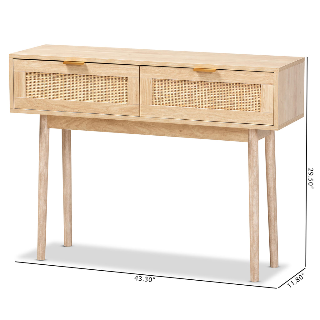 Baxton Studio Baird Mid-Century Modern Light Oak Brown Finished Wood and Rattan 2-Drawer Console Table
