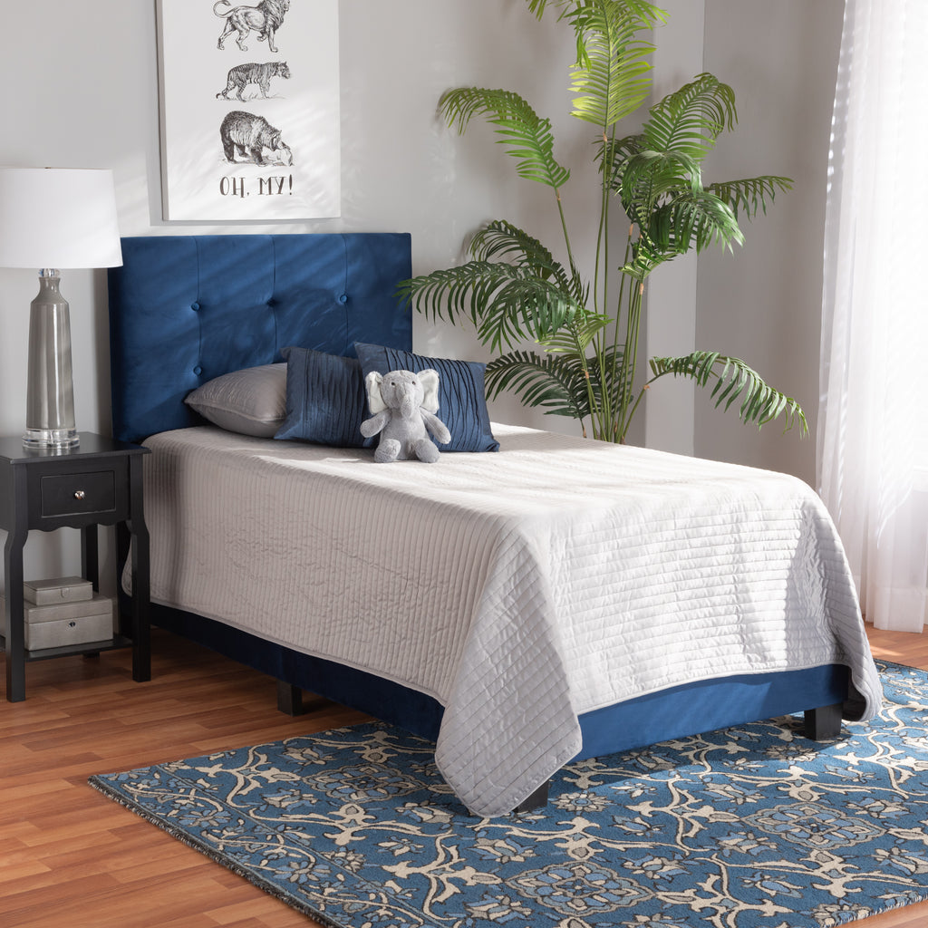 Caprice Modern and Contemporary Glam Navy Blue Velvet Fabric Upholstered Twin Size Panel Bed