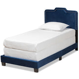 Benjen Modern and Contemporary Glam Navy Blue Velvet Fabric Upholstered Twin Size Panel Bed