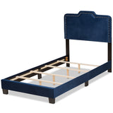 Benjen Modern and Contemporary Glam Navy Blue Velvet Fabric Upholstered Twin Size Panel Bed