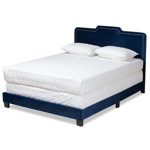 Benjen Modern and Contemporary Glam Navy Blue Velvet Fabric Upholstered Queen Size Panel Bed