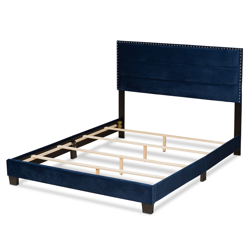 Tamira Modern and Contemporary Glam Navy Blue Velvet Fabric Upholstered Queen Size Panel Bed