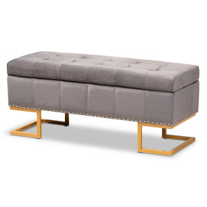 Ellery Luxe and Glam Velvet Fabric Upholstered and Gold Finished Metal Storage Ottoman