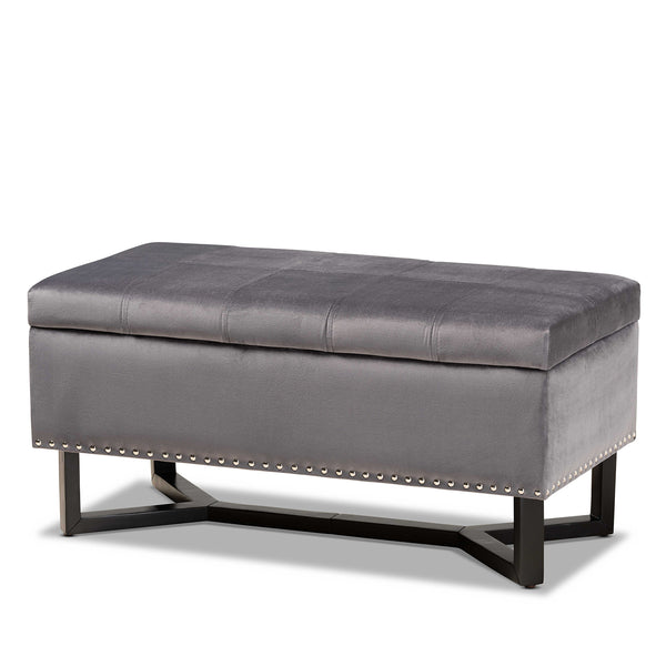 Esther Modern Velvet Upholstered Storage Ottoman with Stylish Grid Stitching and Nailhead Accents