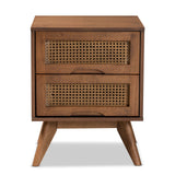 Barrett Mid-Century Modern Walnut Brown Finished Wood and Synthetic Rattan 2-Drawer Nightstand