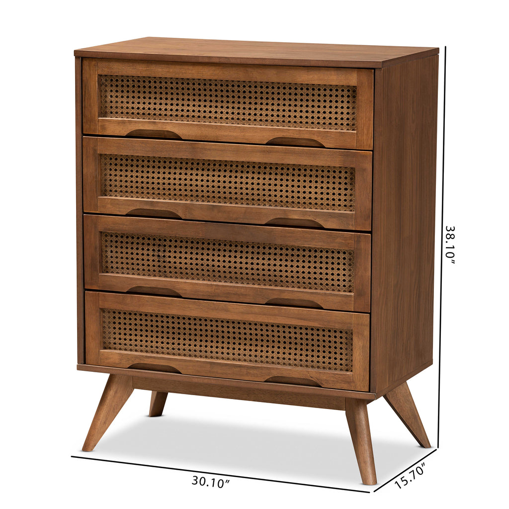 Barrett Mid-Century Modern Walnut Brown Finished Wood and Synthetic Rattan 4-Drawer Chest