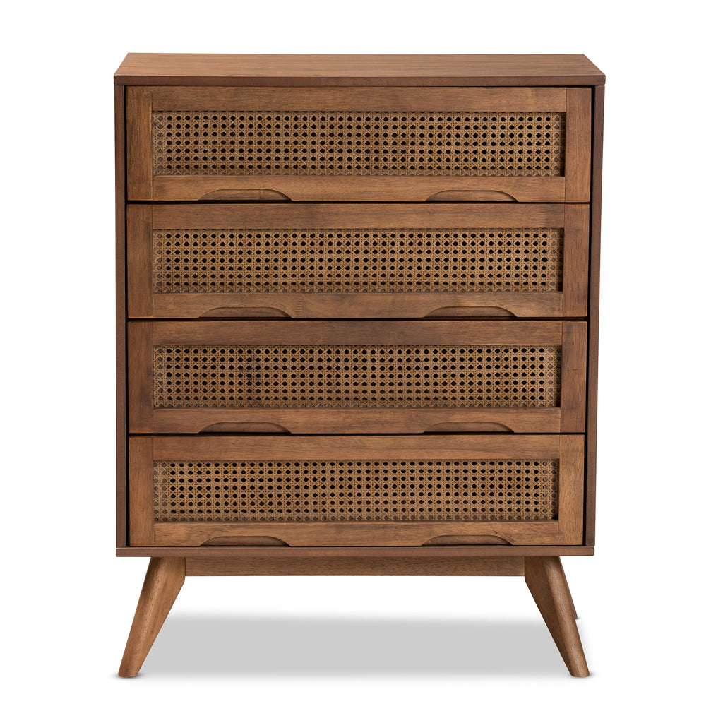 Barrett Mid-Century Modern Walnut Brown Finished Wood and Synthetic Rattan 4-Drawer Chest