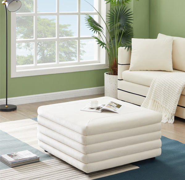 Lorenzo Velvet / Engineered Wood / Foam Contemporary Cream Velvet Ottoman - 32.5" W x 32.5" D x 17" H