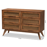Barrett Mid-Century Modern Walnut Brown Finished Wood and Synthetic Rattan 6-Drawer Dresser
