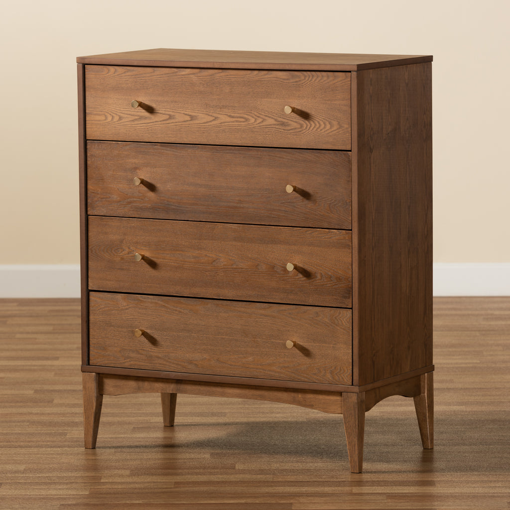 Landis Mid Century Modern Ash Walnut Finished Wood 4 Drawer Chest