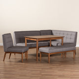 Sanford Mid-Century Modern Grey Fabric Upholstered and Walnut Brown Finished Wood 5-Piece Dining Nook Set