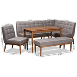 Sanford Mid-Century Modern Grey Fabric Upholstered and Walnut Brown Finished Wood 5-Piece Dining Nook Set