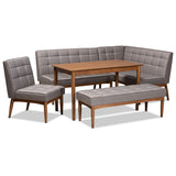 Sanford Mid-Century Modern Grey Fabric Upholstered and Walnut Brown Finished Wood 5-Piece Dining Nook Set