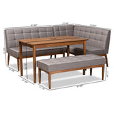 Sanford Mid-Century Modern Grey Fabric Upholstered and Walnut Brown Finished Wood 4-Piece Dining Nook Set