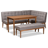 Sanford Mid-Century Modern Grey Fabric Upholstered and Walnut Brown Finished Wood 4-Piece Dining Nook Set