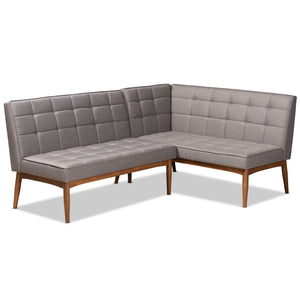 Sanford Mid-Century Modern Grey Fabric Upholstered and Walnut Brown Finished Wood 2-Piece Dining Nook Banquette Set