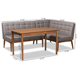 Sanford Mid-Century Modern Grey Fabric Upholstered and Walnut Brown Finished Wood 3-Piece Dining Nook Set