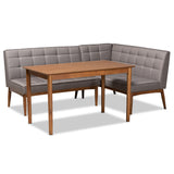 Sanford Mid-Century Modern Grey Fabric Upholstered and Walnut Brown Finished Wood 3-Piece Dining Nook Set