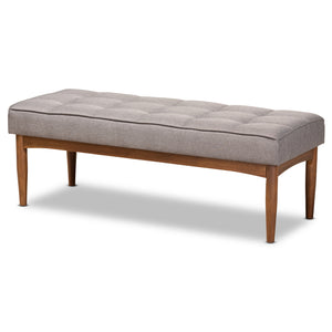 Sanford Mid-Century Modern Grey Fabric Upholstered and Walnut Brown Finished Wood Dining Bench