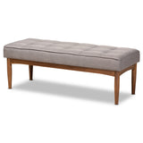 Sanford Mid-Century Modern Fabric Upholstered and Walnut Brown Finished Wood Dining Bench