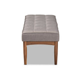 Sanford Mid-Century Modern Grey Fabric Upholstered and Walnut Brown Finished Wood Dining Bench