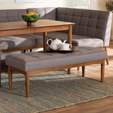 Sanford Mid-Century Modern Grey Fabric Upholstered and Walnut Brown Finished Wood Dining Bench