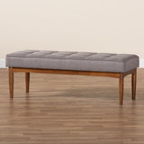 Sanford Mid-Century Modern Grey Fabric Upholstered and Walnut Brown Finished Wood Dining Bench