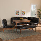 Sanford Mid-Century Modern Dark Brown Faux Leather Upholstered and Walnut Brown Finished Wood 5-Piece Dining Nook Set