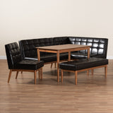 Sanford Mid-Century Modern Dark Brown Faux Leather Upholstered and Walnut Brown Finished Wood 5-Piece Dining Nook Set