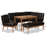 Sanford Mid-Century Modern Dark Brown Faux Leather Upholstered and Walnut Brown Finished Wood 5-Piece Dining Nook Set